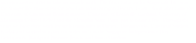 incorporated in order to take on outside work. The first character for Stagecraft, Inc. was the Stinger Bee mascot for the new Cincinnati Stingers Hockey Team.  Soon after came the University of Cincinnati Bearcat mascot, University of Louisville Cardinal, University of Mississippi Colonel Rebel and the Memphis State Tiger, just to name a few. Through the years we have done work for such companies as Disney,  Dreamworks, Universal Studios, Kodak and worked in many countries such as the Singapore Independence Day Celebration, Blackpool Pleasure Beach, and Busch Gardens.  